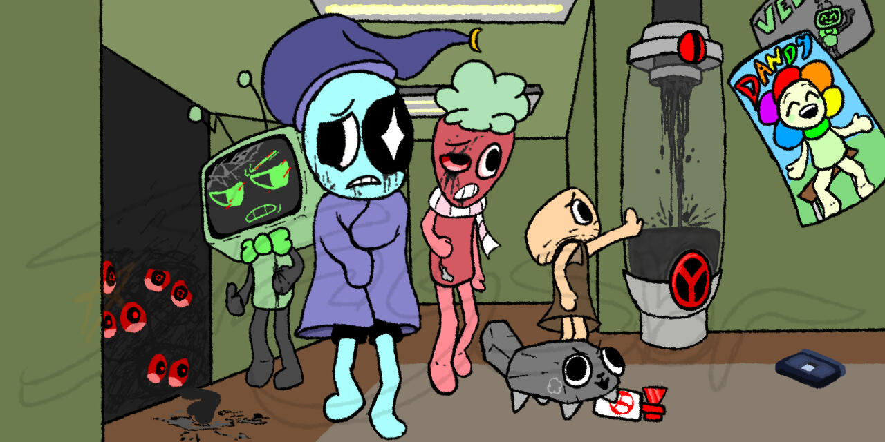The Main cast from the hit Roblox game, Dandy's World, in a banner for DWRPG.